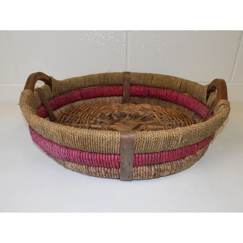 Large Vintage Woven Basket Tray w/ Wood Handles Red Accent Round Boho 20